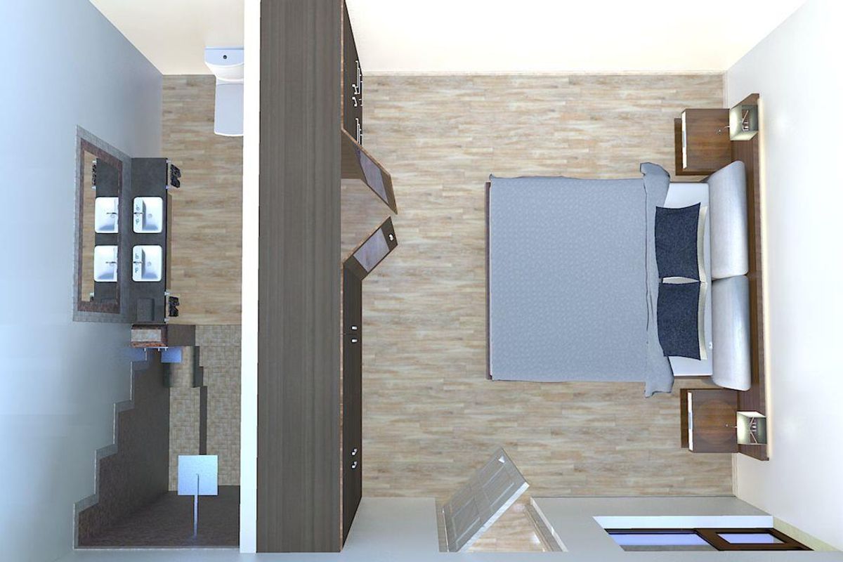 Top-down view of a bedroom suite featuring an en-suite bathroom, built-in cabinetry, and wood-look flooring.