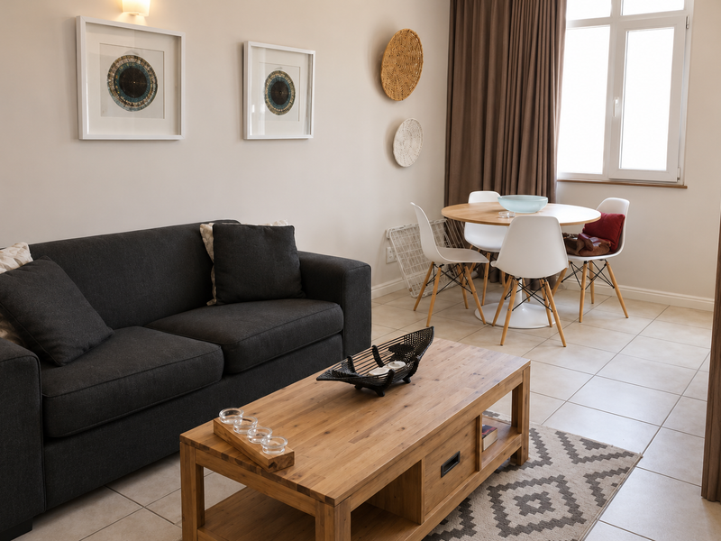 A well-maintained living and dining area featuring neutral tiled flooring, ample natural light from a large window, and modern wall-mounted lighting.