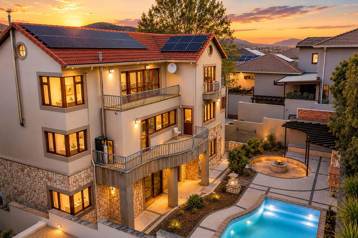 Stunning multi-story residence featuring stone cladding, solar panels, multiple balconies, a swimming pool, and a beautifully landscaped patio area with a fire pit.