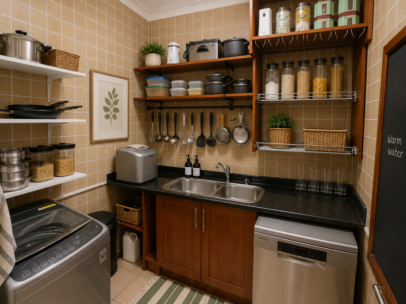 A functional scullery featuring double basin sink, dark laminate countertops, wooden cabinetry, open shelving, and tiled finishes, providing ample storage and utility space.