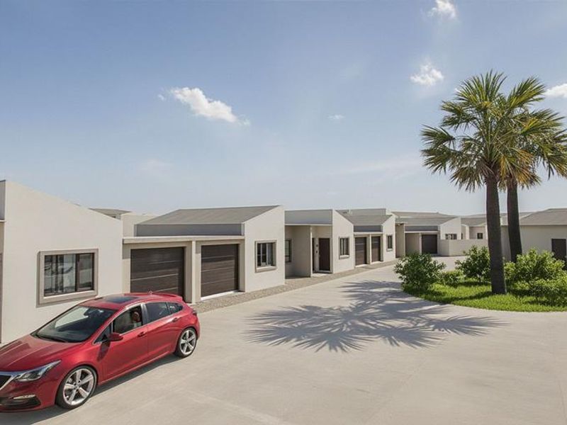 A modern townhouse complex featuring a clean concrete driveway, multiple garage access points, and well-maintained landscaped garden areas with palm trees.