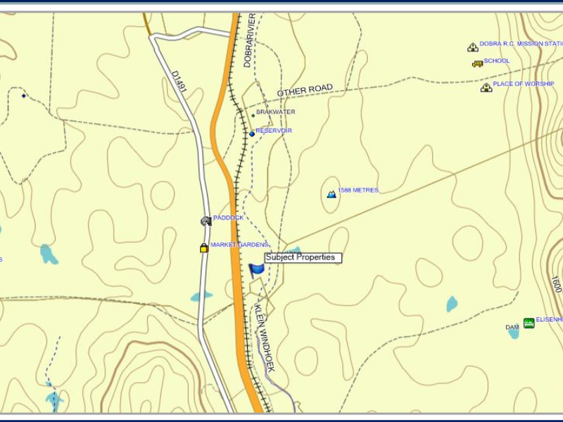A topographic map showing the location of the subject commercial property in relation to local roads, landmarks, and terrain features.
