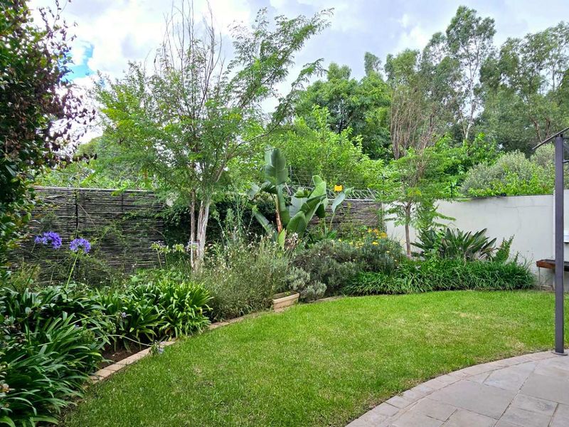 A well-maintained rear garden featuring a paved patio area, lush lawn, and established perimeter landscaping with a boundary wall.