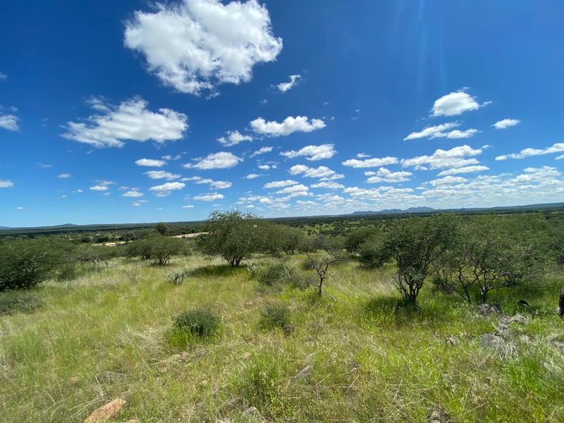 Expansive landscape view showcasing the natural terrain and vegetation of the small holding property under a clear blue sky.