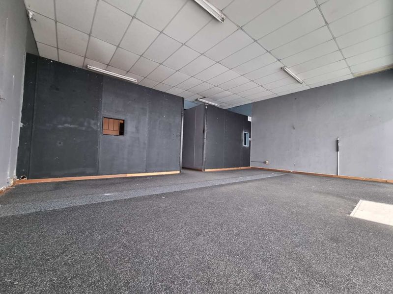 An empty open-plan commercial space featuring dark partition walls, carpeted flooring, and a suspended ceiling with integrated fluorescent lighting.