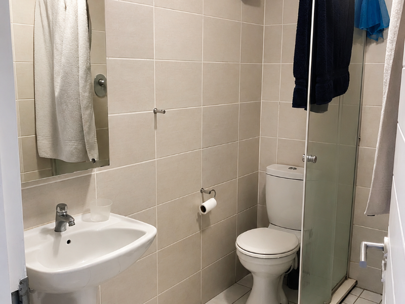 A functional bathroom featuring a pedestal sink, toilet, and a glass-enclosed shower with neutral ceramic tiling throughout.