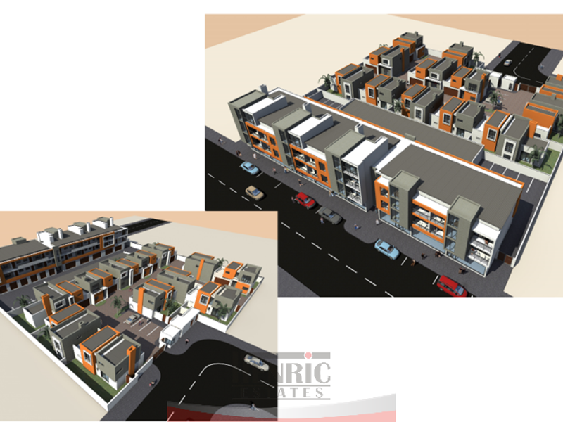 An aerial 3D architectural rendering of a modern residential apartment complex featuring multiple blocks, internal roadways, and secure gated access.