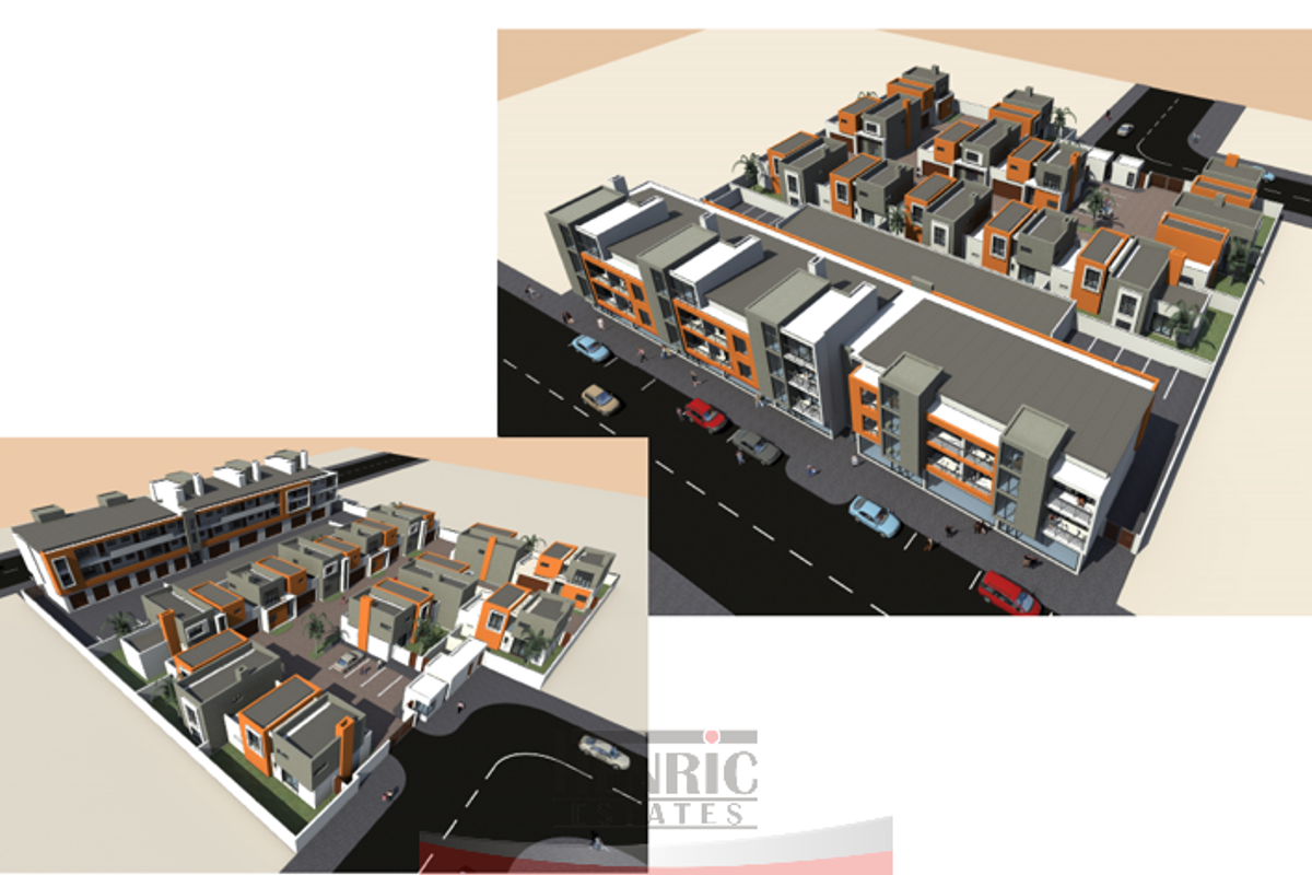 An aerial 3D architectural rendering of a modern residential apartment complex featuring multiple blocks, internal roadways, and secure gated access.