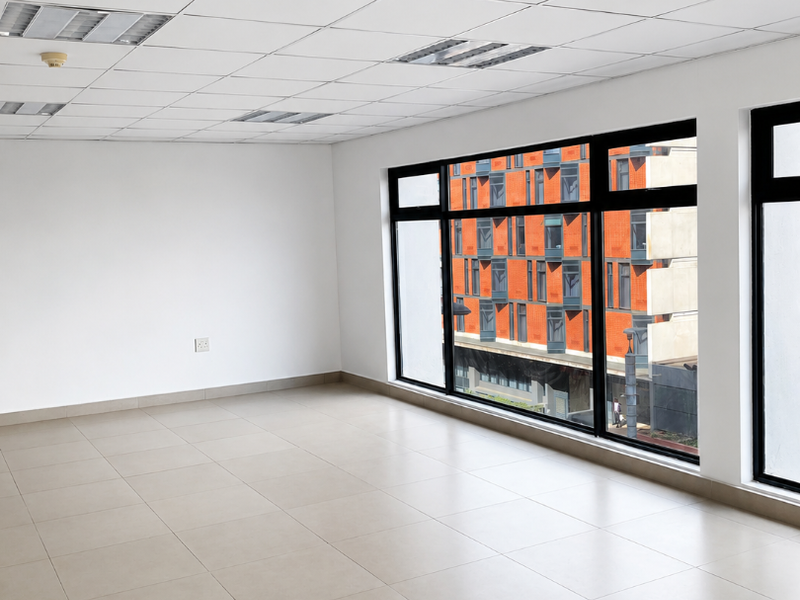 A bright, empty office space featuring large windows, tiled flooring, and a suspended ceiling with integrated lighting.