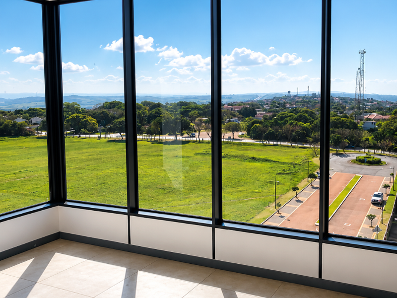 Bright and spacious living area featuring expansive floor-to-ceiling windows with panoramic views and modern tiled flooring.