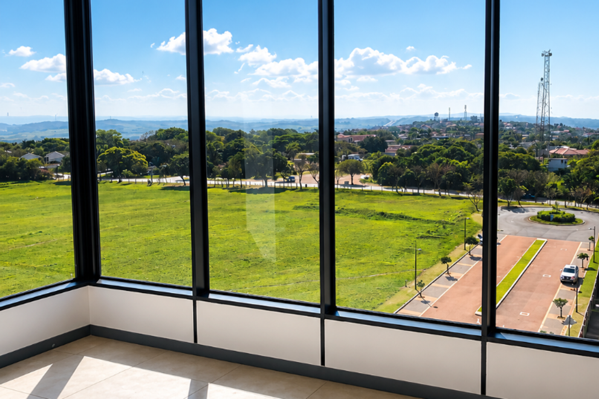 Bright and spacious living area featuring expansive floor-to-ceiling windows with panoramic views and modern tiled flooring.