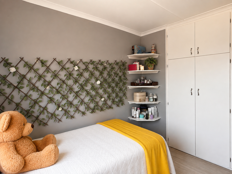 A well-maintained bedroom featuring neutral grey walls, built-in white cupboards, and light-toned laminate flooring.
