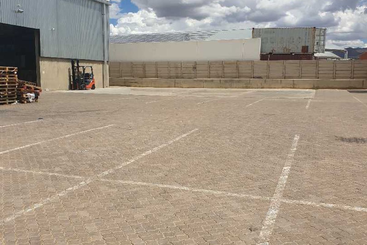 Spacious paved industrial yard area featuring marked parking bays and direct access to the warehouse facility.