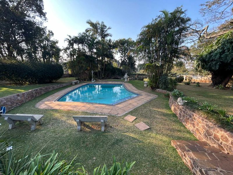 A well-maintained outdoor pool area featuring stone retaining walls, paved surrounds, and established garden landscaping.