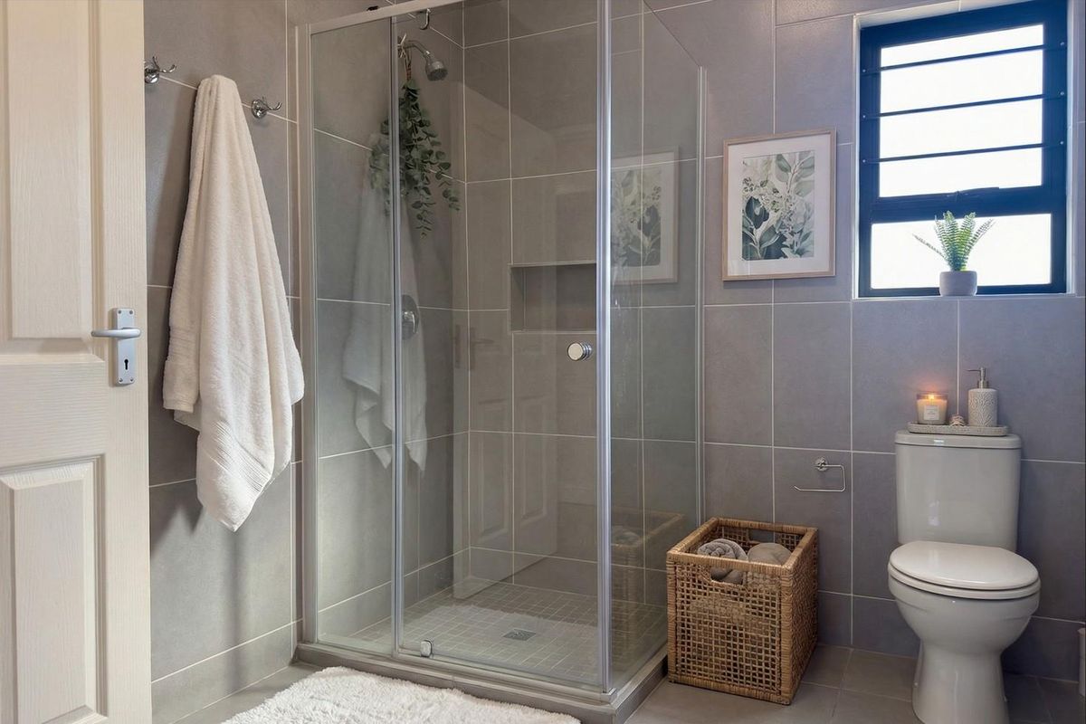 A modern bathroom featuring a glass-enclosed shower with a built-in niche, neutral ceramic tiling, and a standard toilet.