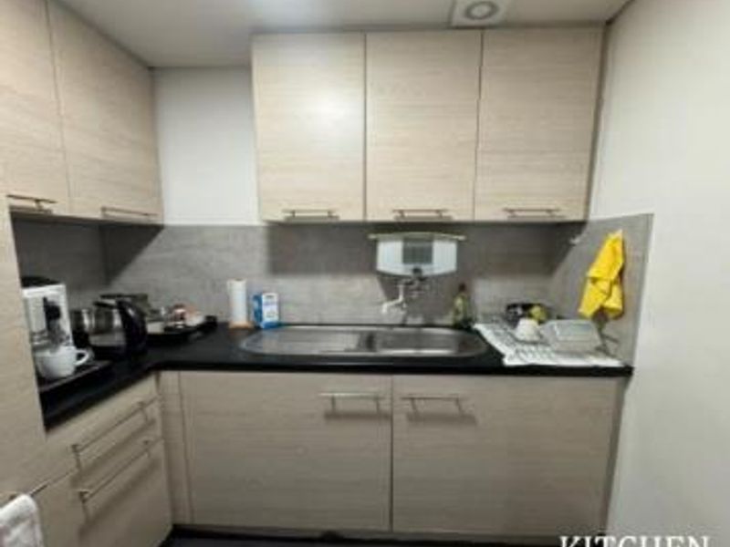 Compact kitchen area featuring light wood-tone cabinetry, dark countertops, a stainless steel double sink, and a tiled backsplash.