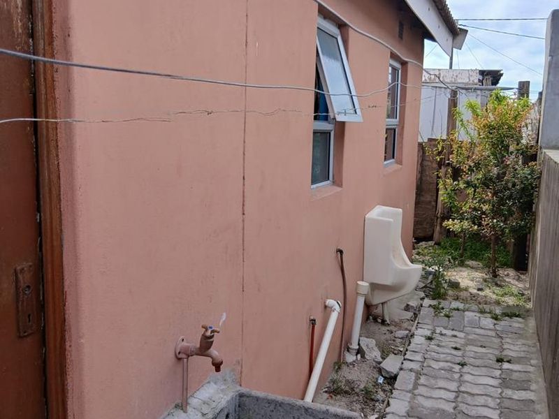 Rear exterior area featuring a concrete laundry trough, wall-mounted urinal, and paved walkway along the side of the house.
