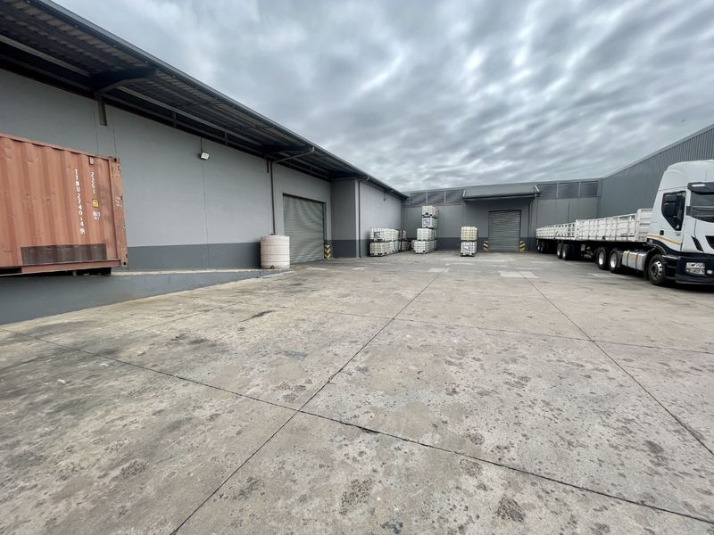 Industrial rear yard featuring a large concrete loading area, multiple roller shutter doors, and metal cladding exterior walls.