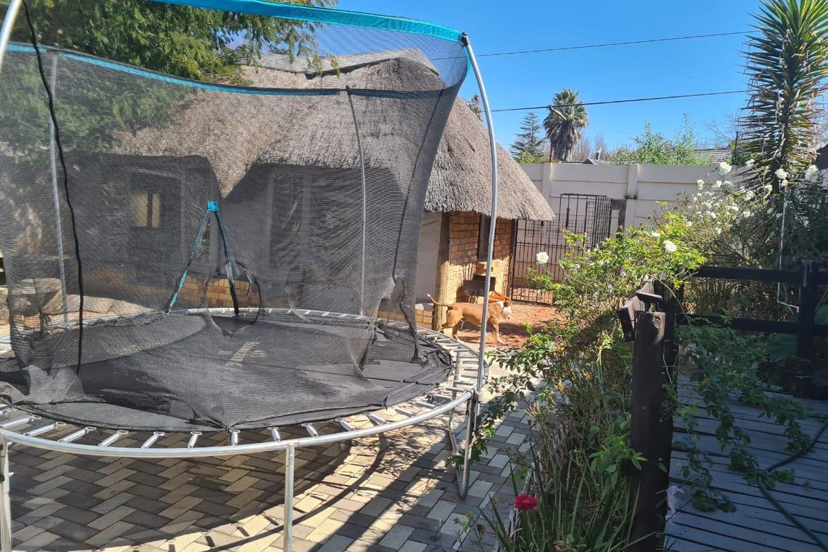 A rear garden area featuring a paved patio, established landscaping, and a thatched-roof outbuilding structure.