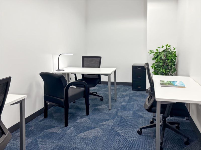 A clean and functional office space featuring patterned carpet flooring and neutral wall finishes, suitable for a professional work environment.