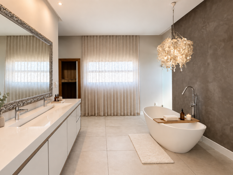 A modern, luxurious bathroom featuring a sleek double vanity, a freestanding bathtub with a floor-mounted faucet, and elegant textured wall finishes.