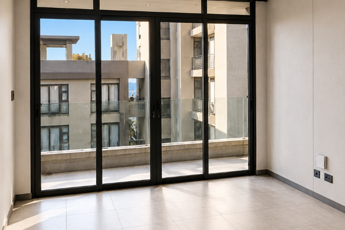 A bright, empty living area featuring large sliding glass doors that open to a balcony, complemented by modern tiled flooring and recessed downlights.
