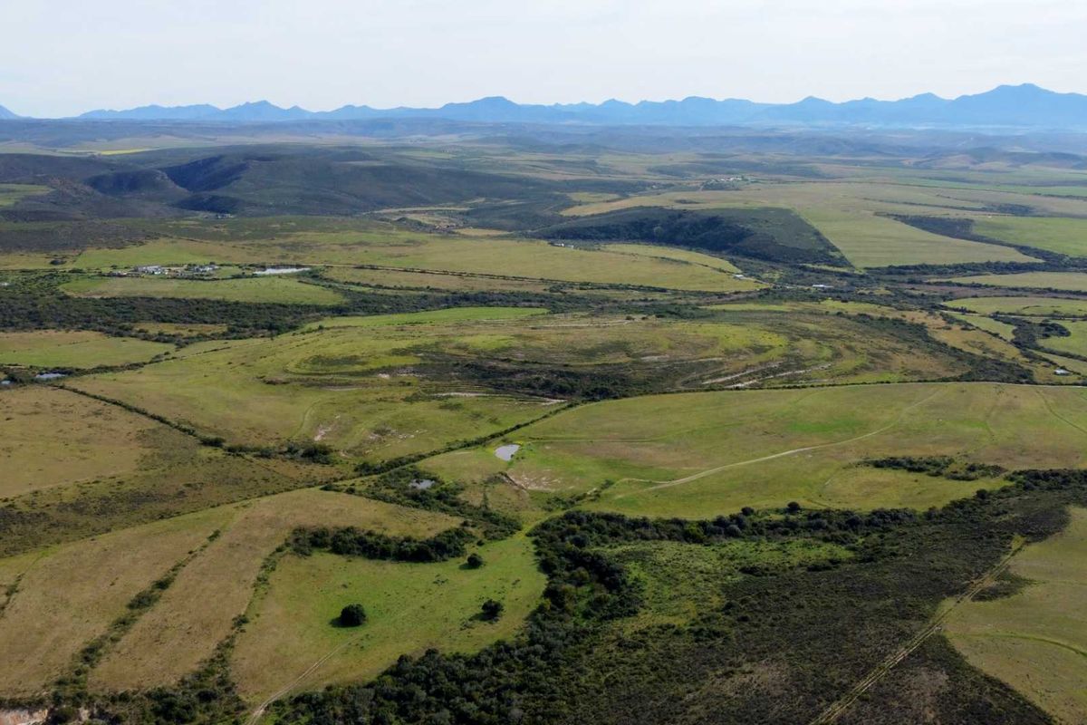 An expansive aerial view of the farm landscape, showcasing rolling green pastures, natural vegetation, and distant mountain ranges.