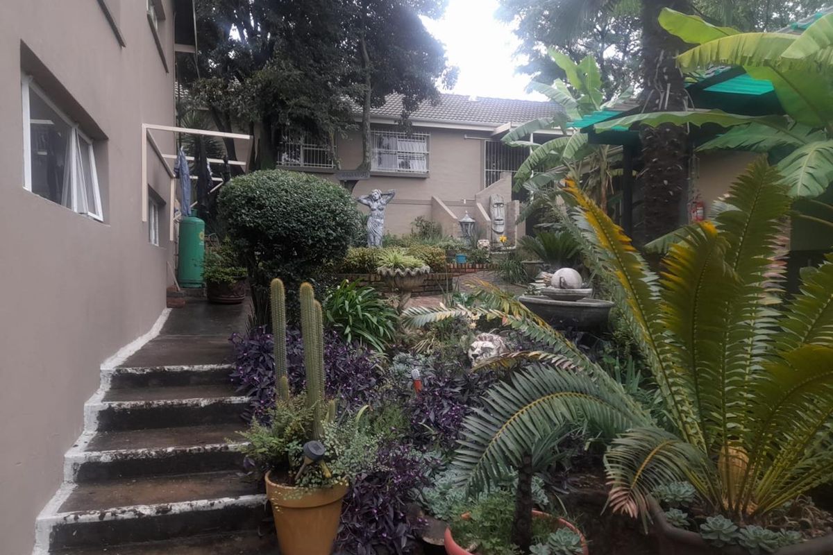 A rear garden area featuring concrete stairs leading to the building, surrounded by established landscaping and mature greenery.