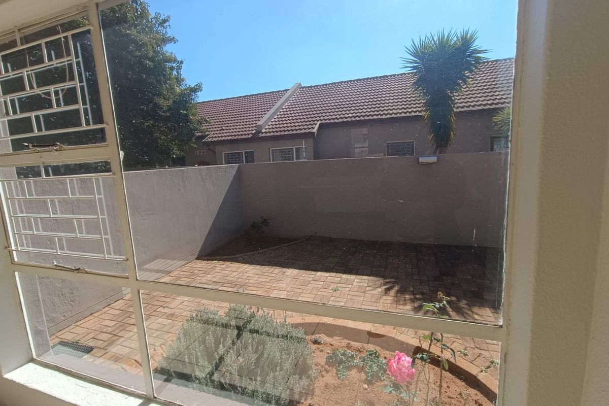 A view through a window looking out onto a private paved rear courtyard with a boundary wall and established garden area.