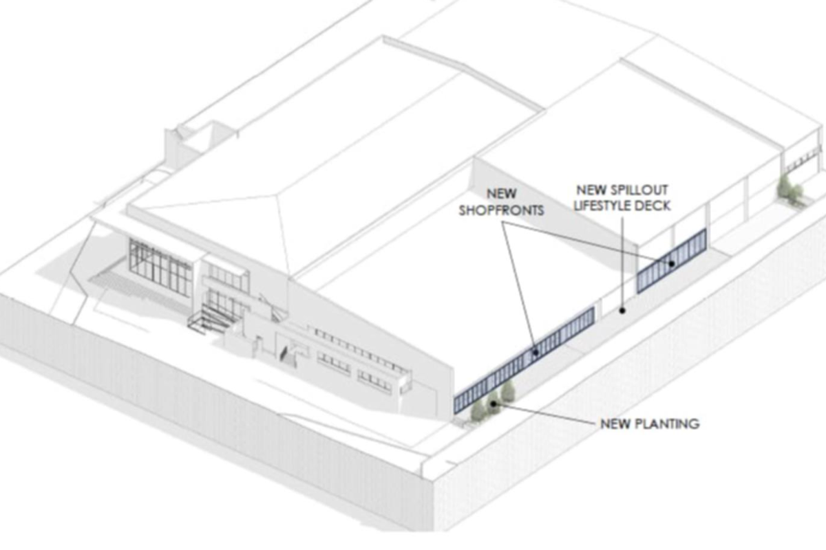An architectural isometric rendering showing proposed office building upgrades including new shopfronts, a lifestyle deck, and exterior landscaping.