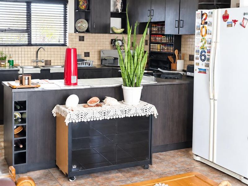 Open plan kitchen featuring dark wood cabinetry, tiled backsplash, and a functional island, seamlessly integrated with the living area.