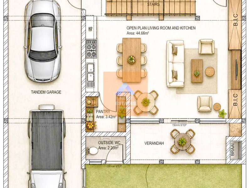 A detailed architectural floor plan showing a tandem garage, open-plan living and kitchen area, pantry, outside WC, verandah with braai, and back yard.