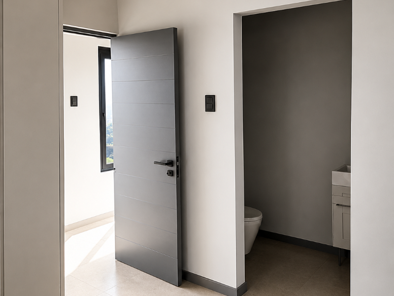 A clean, modern hallway featuring neutral tiled flooring, recessed lighting, and a contemporary grey internal door leading to an adjacent bathroom space.