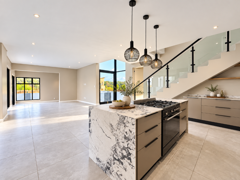 Modern open-plan kitchen and living area featuring a marble island, built-in gas stove, and a sleek staircase with glass balustrades.