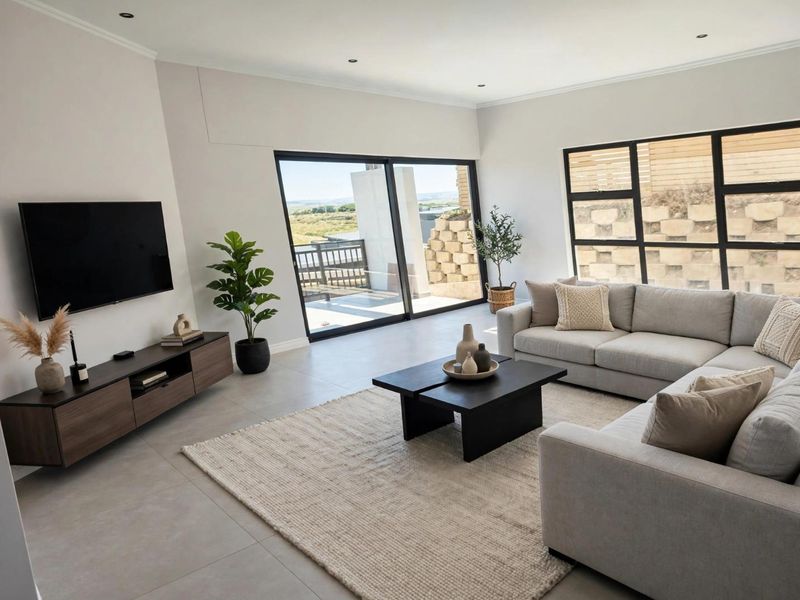 A bright and modern living room featuring large black-framed windows, sliding glass doors leading to an outdoor area, and neutral tiled flooring.