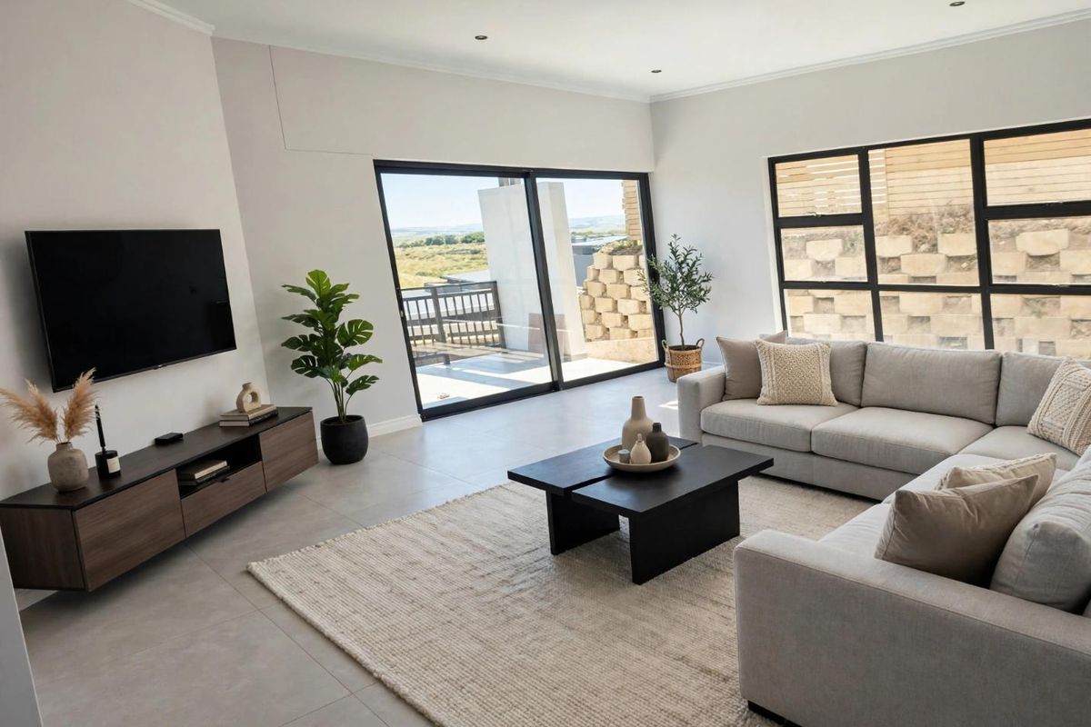 A bright and modern living room featuring large black-framed windows, sliding glass doors leading to an outdoor area, and neutral tiled flooring.
