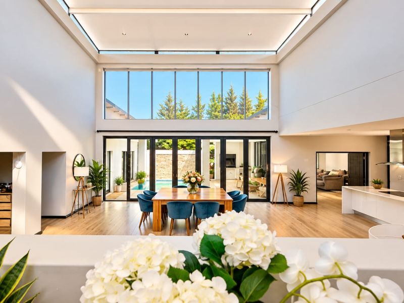 Spacious open-plan living and dining area featuring high ceilings, large skylights, and expansive bi-fold doors opening to the pool area.