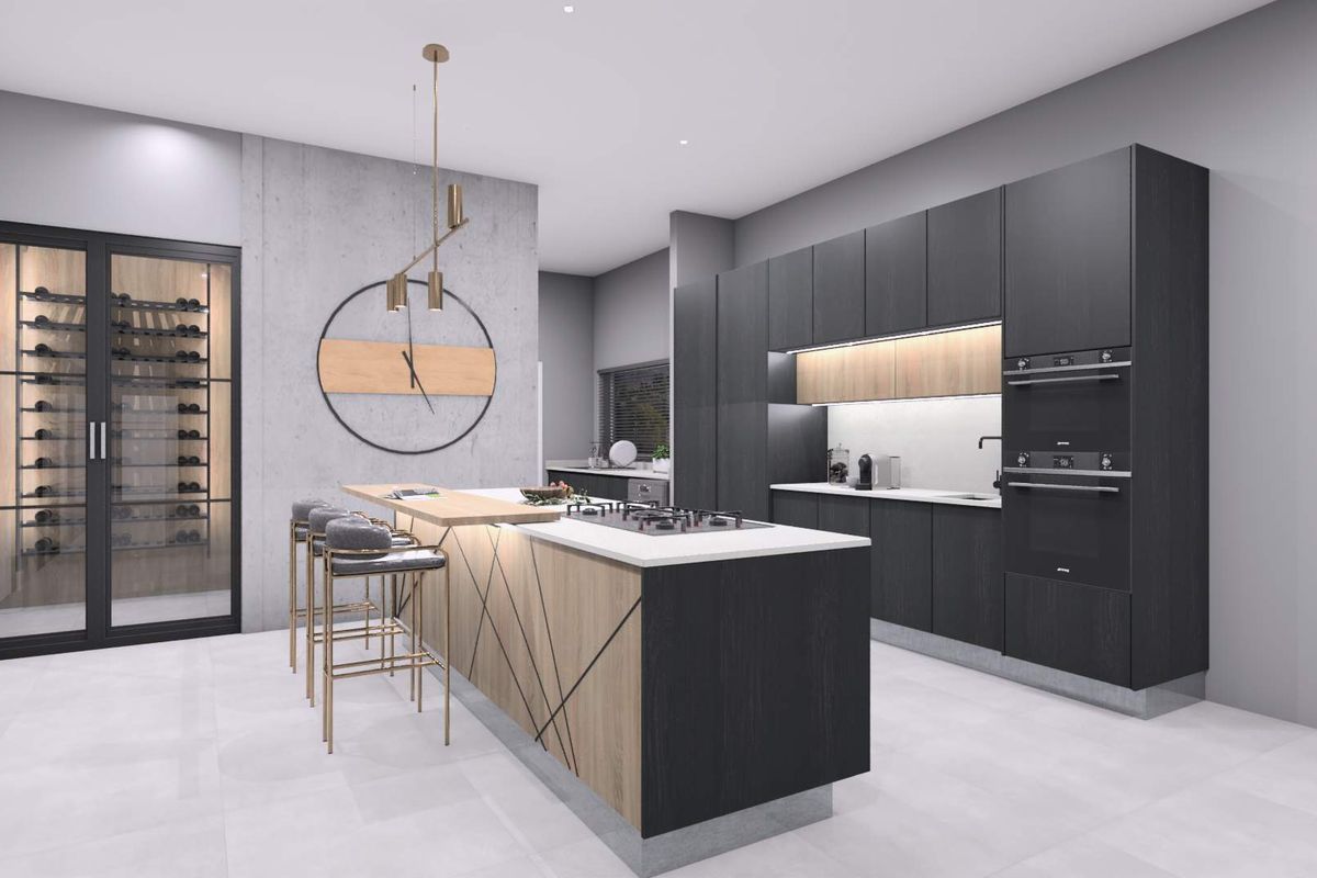 Modern open-plan kitchen featuring dark cabinetry, a central island with a built-in gas cooktop, integrated double ovens, and a glass-fronted wine cellar.