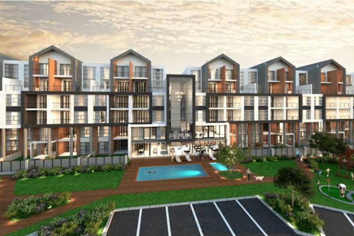A digital architectural rendering of a modern apartment complex featuring a swimming pool, landscaped garden areas, and dedicated parking facilities.