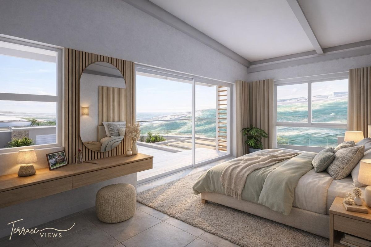 Modern bedroom featuring a built-in vanity, slatted wood wall accents, and large sliding glass doors opening to a balcony with ocean views.