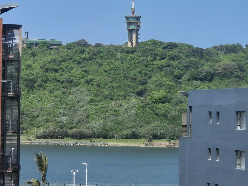 A scenic view overlooking a body of water with a lush green hillside and a prominent communication tower in the background.