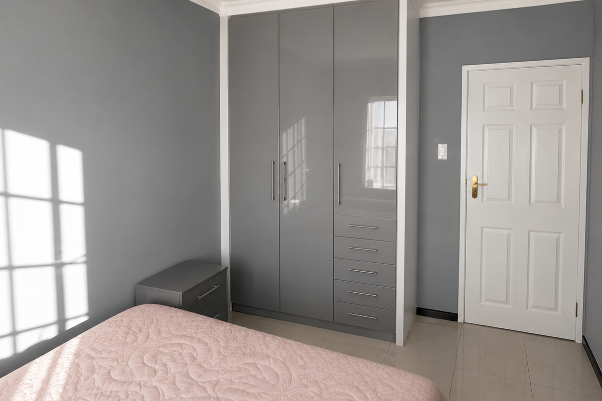 A well-maintained bedroom featuring modern grey built-in wardrobes, neutral tiled flooring, and classic crown molding.