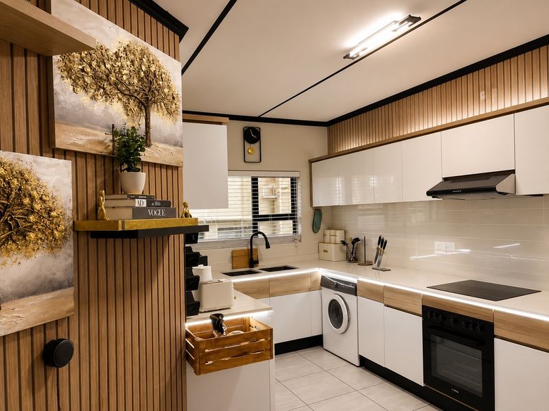 Modern, well-appointed kitchen featuring sleek white cabinetry, integrated appliances, slatted wood wall accents, and contemporary under-cabinet lighting for a polished, functional workspace.
