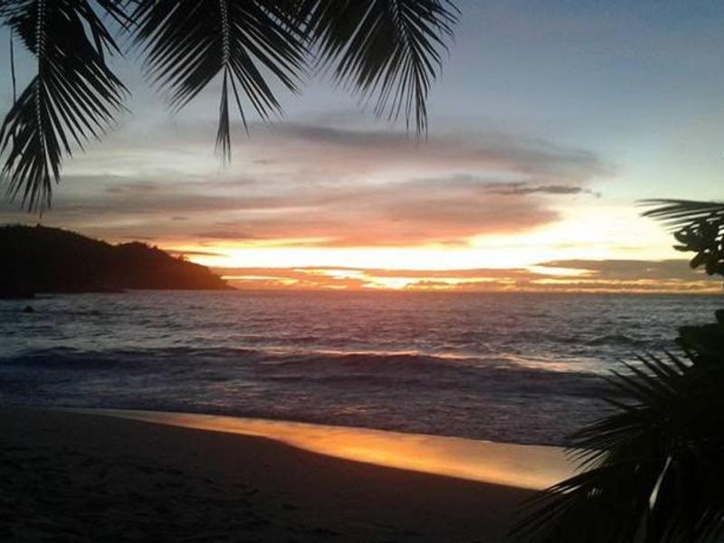 A scenic sunset view over the ocean, showcasing the natural landscape and coastal surroundings of the property.