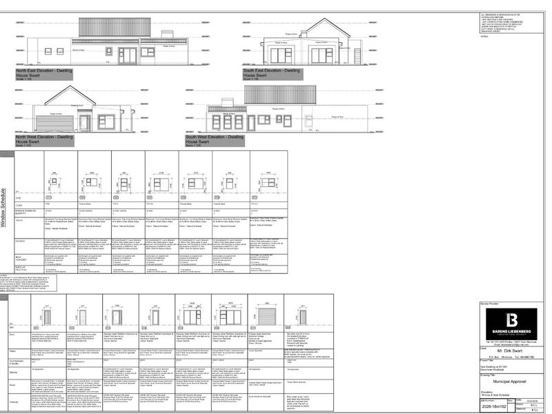 Architectural floor plan and elevation drawings detailing the window and door schedules for the proposed dwelling.