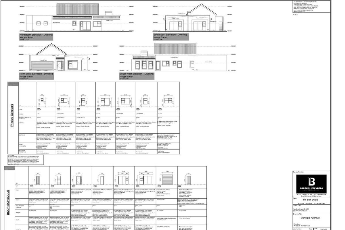 Architectural floor plan and elevation drawings detailing the window and door schedules for the proposed dwelling.