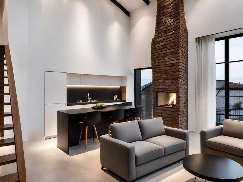 Modern open-plan living area featuring a striking exposed brick fireplace, sleek kitchen cabinetry with an island, and a contemporary staircase under a vaulted ceiling.