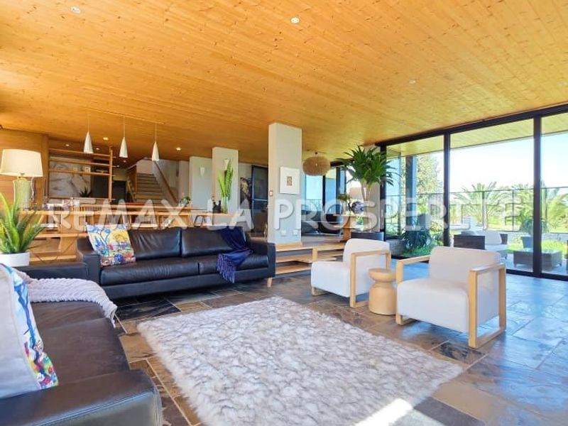 Spacious open-plan living area featuring natural stone flooring, a warm timber-clad ceiling, and expansive floor-to-ceiling glass doors providing seamless indoor-outdoor flow.