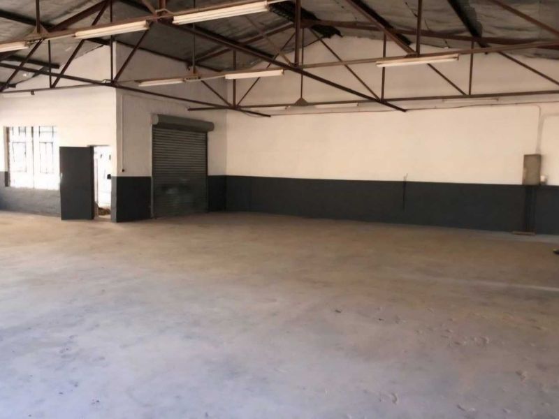 Spacious industrial utility area featuring exposed steel roof trusses, concrete flooring, and a secure roller shutter door, suitable for various commercial or storage applications.