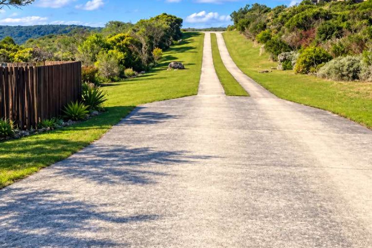 A well-maintained concrete driveway leading up a gentle slope, flanked by lush green lawns, native vegetation, and a timber boundary fence.